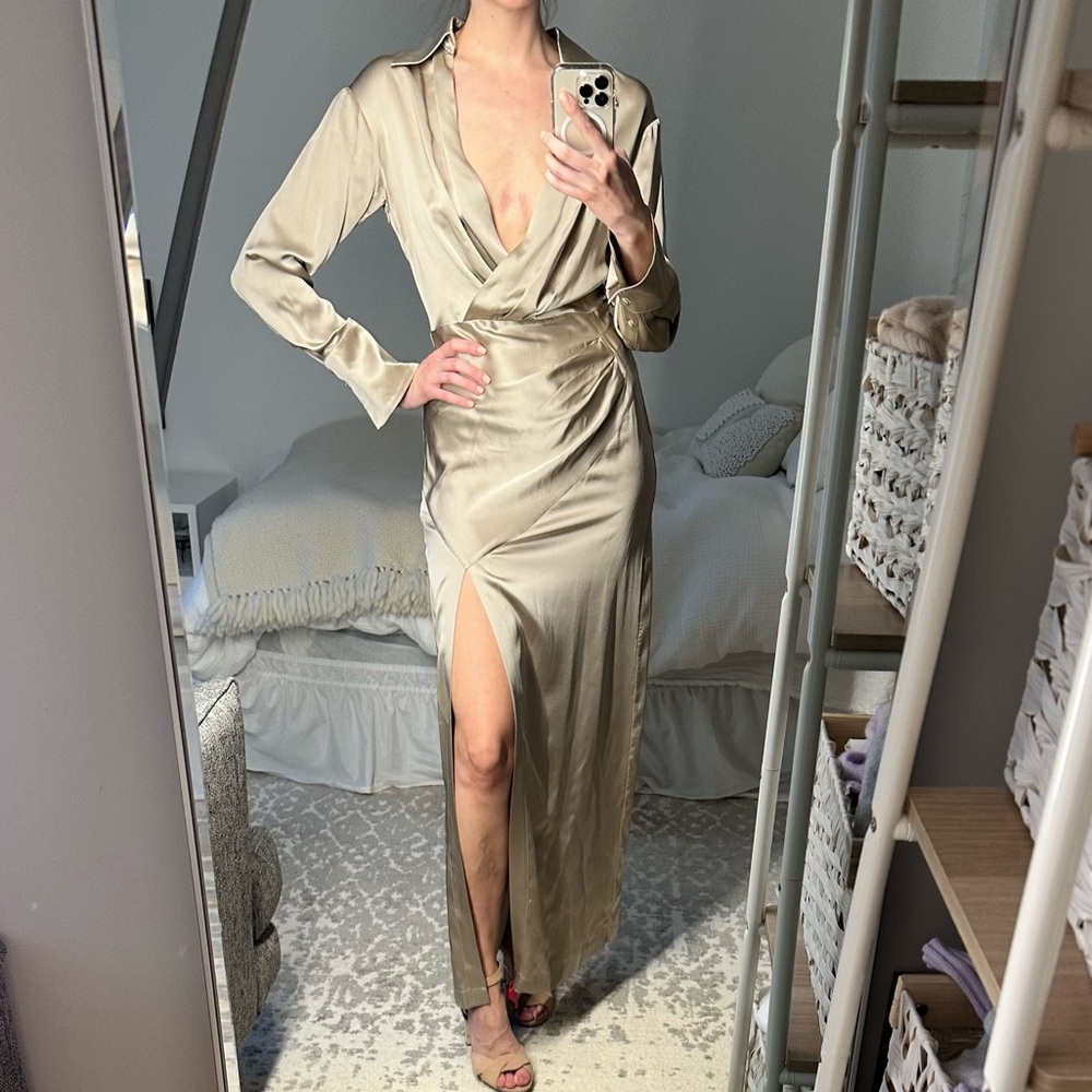 Nicholas Silk Evening Gown Maxi Dress - Deep V with Collar